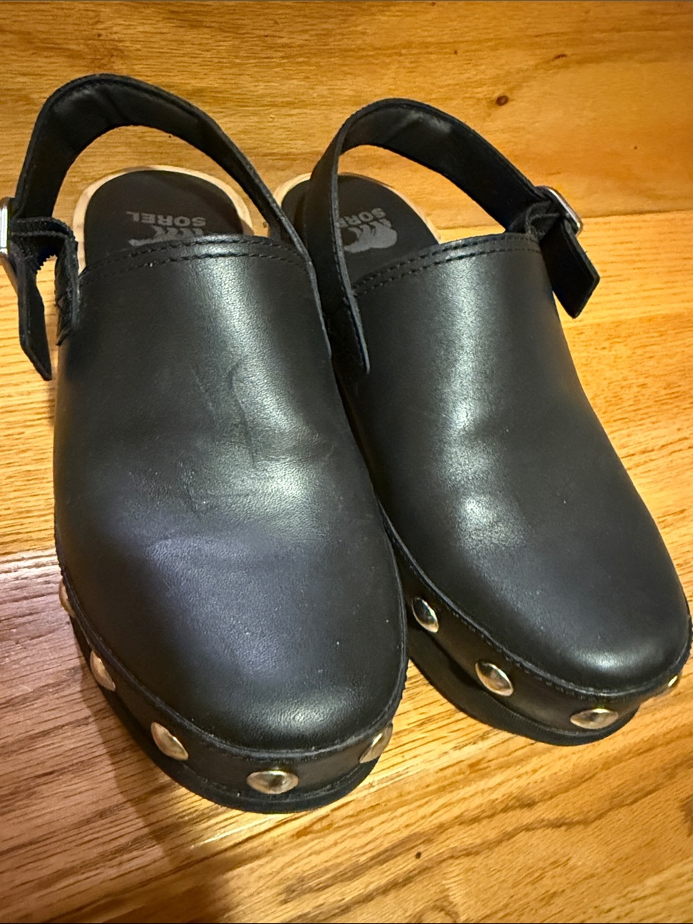 Sorel Black Leather Platform Clogs with Wood-Tone Heel